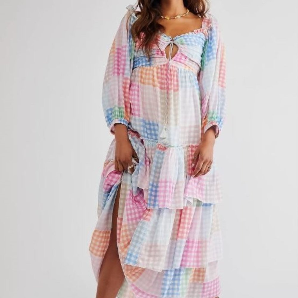 Free People Colorful Checkered Midi Dress